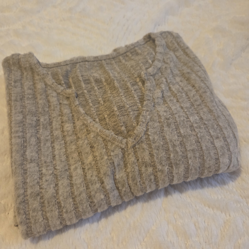 Gray Coastal V-Neck Ribbed Sweater Blouse for Women XL